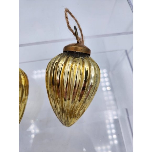 2 Vintage Kugel Style Gold Ribbed Mercury Glass Christmas Holiday Ornaments - Picture 3 of 7